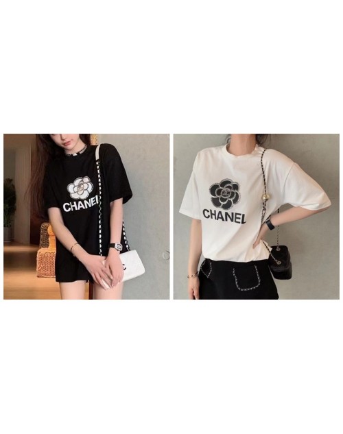  Chanel clothes flower T-shirt printing pure cotton skin-friendly comfortable loose