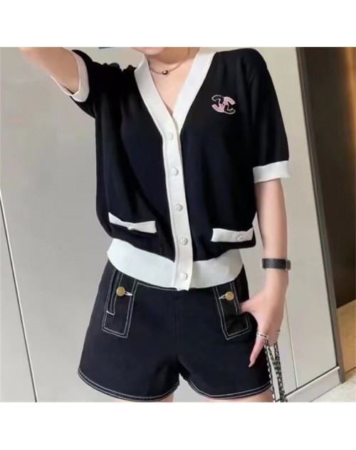 chanel clothes temperament V neck knitted short sleeve outer wear