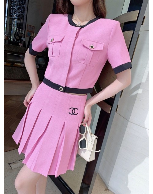 chanel fashion contrast color cardigan short sleeve pleated skirt fashion suit