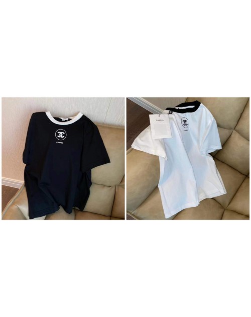 Chanel T-shirt stitching commuter short-sleeved T-shirt high waist high quality