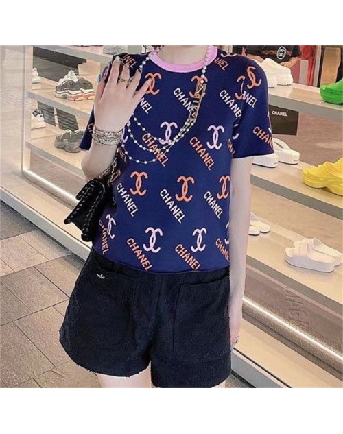 Chanel alphabet color-block jacquard knit short-sleeve elegant top clothes