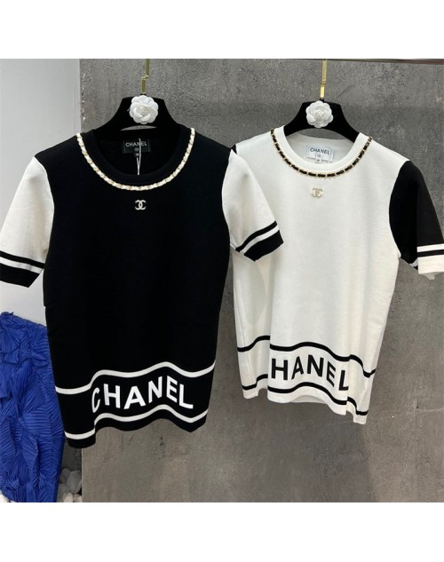 Chanel clothes neckline chain decoration slim knitted short sleeves