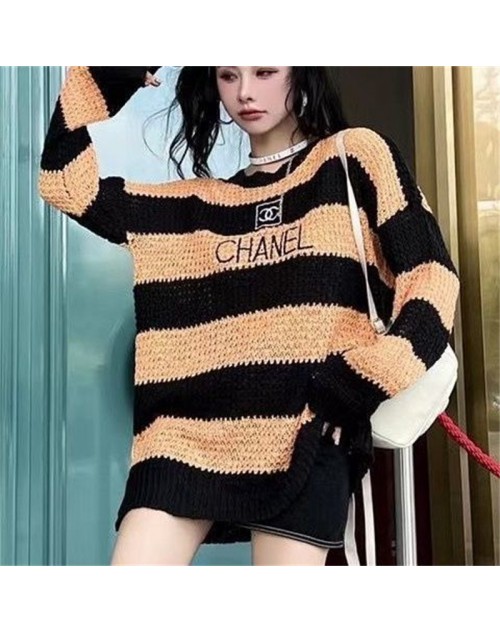 chanel clothes women color contrast knitted sweater stripe