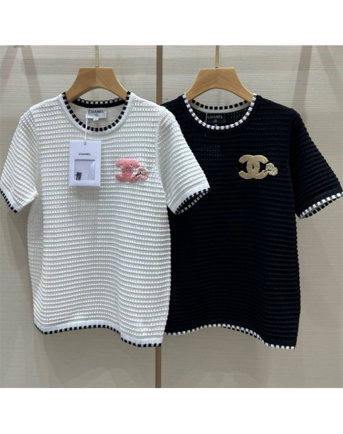 Chanel clothes women letter embroidered short sleeve knitted top