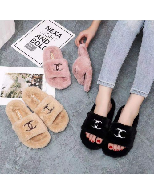 chanel cute outer wear warm plush shoes and slippers home slippers