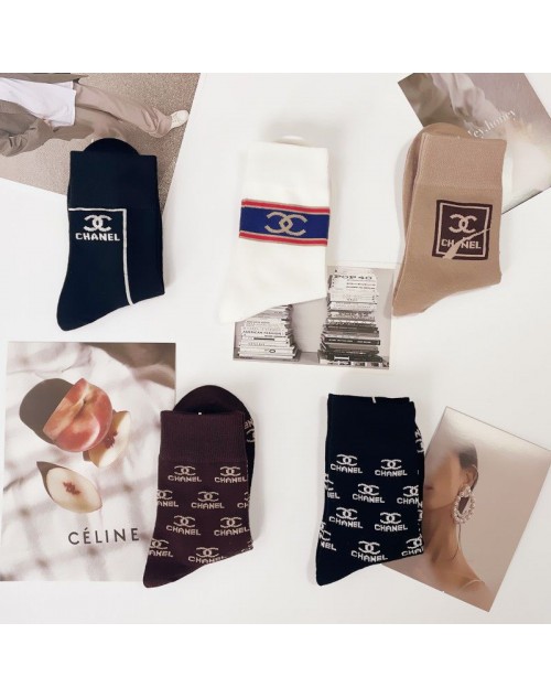 Chanel Long tube CC trendy fashion all-match medium tube socks 5-pairs