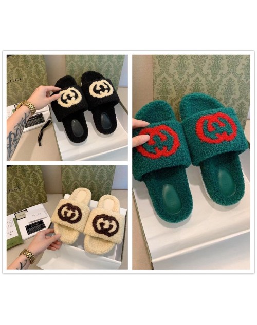 gucci Comfortable and versatile outerwear flat platform fur slippers women