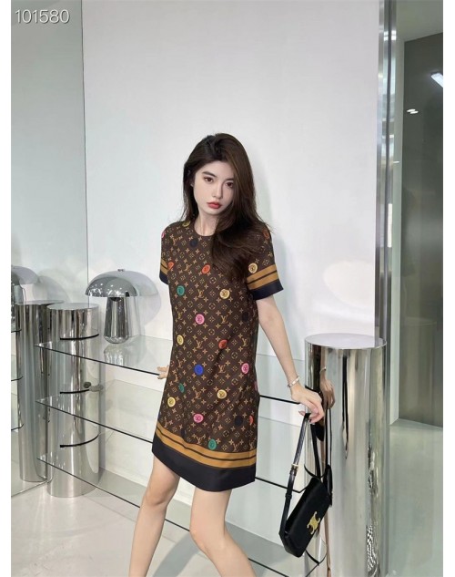 LV logo pattern dress short sleeve round collar H version thin fashion