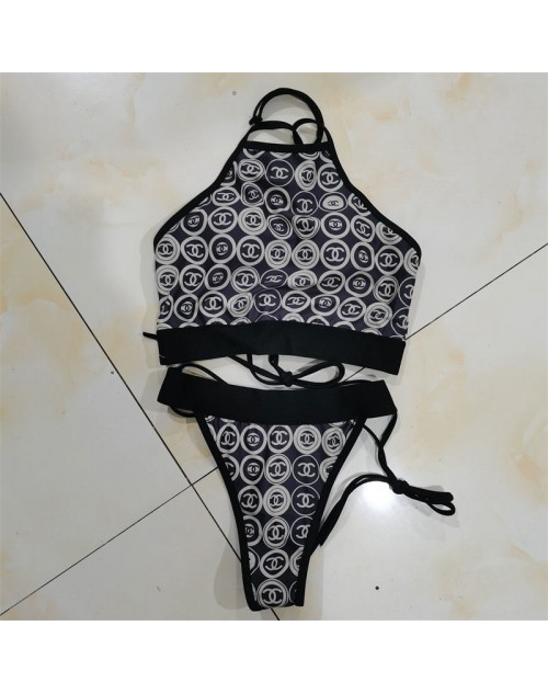 chanel Lace-Up Halter Sexy Split Swimsuit